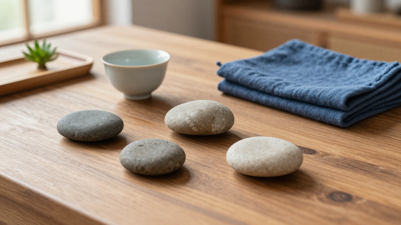 Wooden table with a tea cup, four smooth stones, folded cloth, and a small green plant