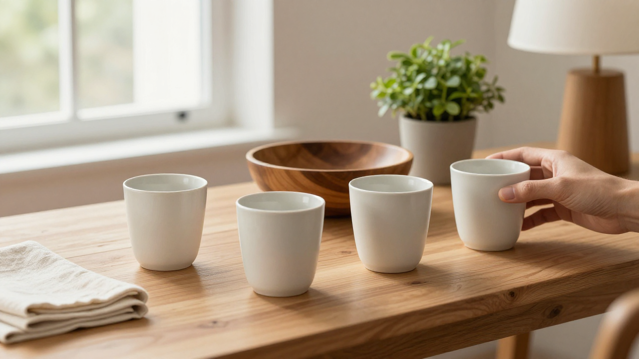 Home entryway with four plain ceramic cups, a wooden bowl, a leafy plant, and folded linen
