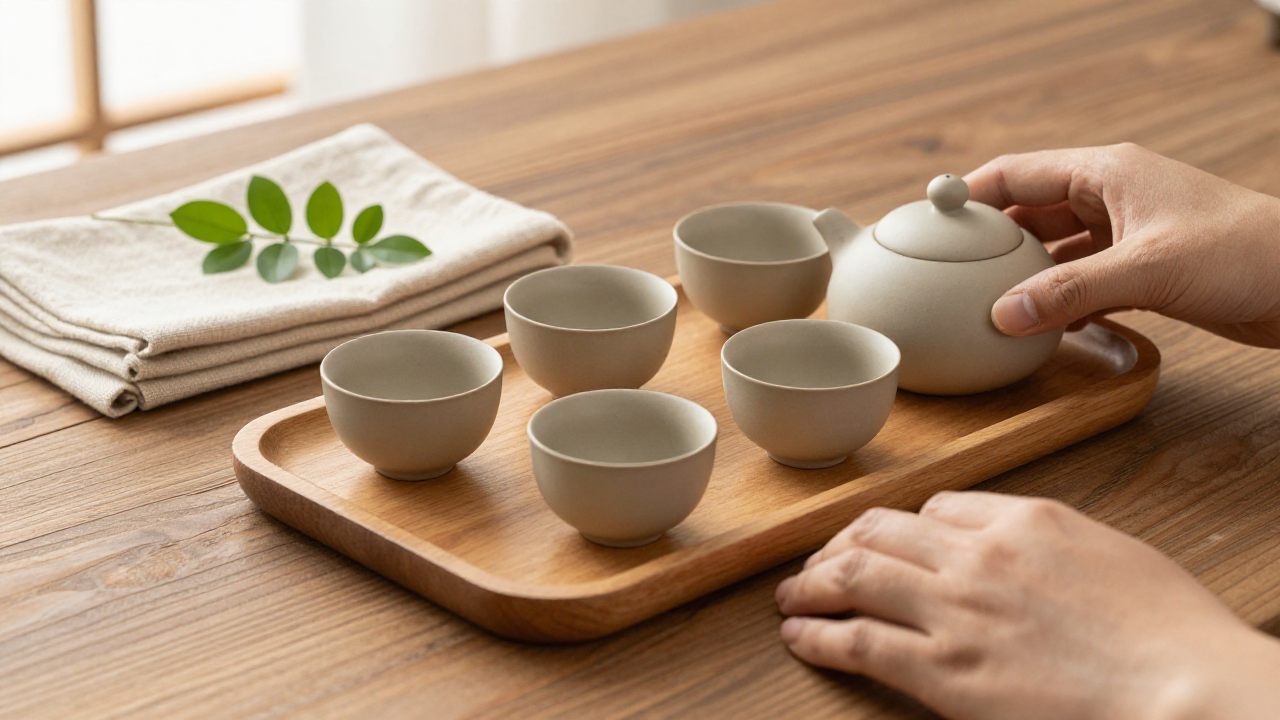 Four plain ceramic cups on a wooden tray beside a tea pot and folded cloth