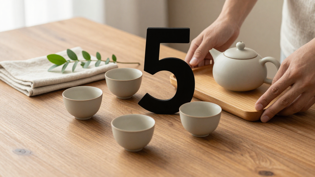 Five plain ceramic cups on a wooden tray beside a tea pot and folded linen