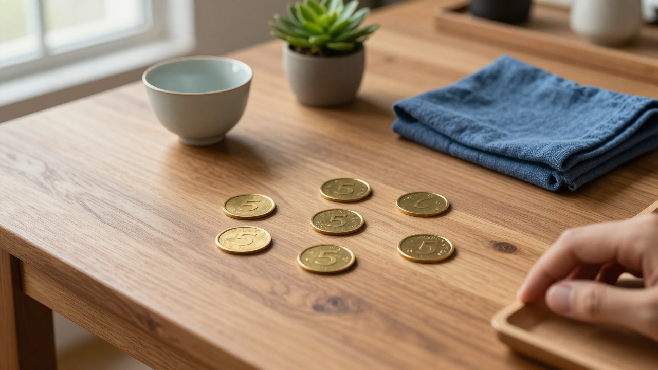 Wooden tray with five brass tokens, one tea cup, folded blue linen, and a small green plant
