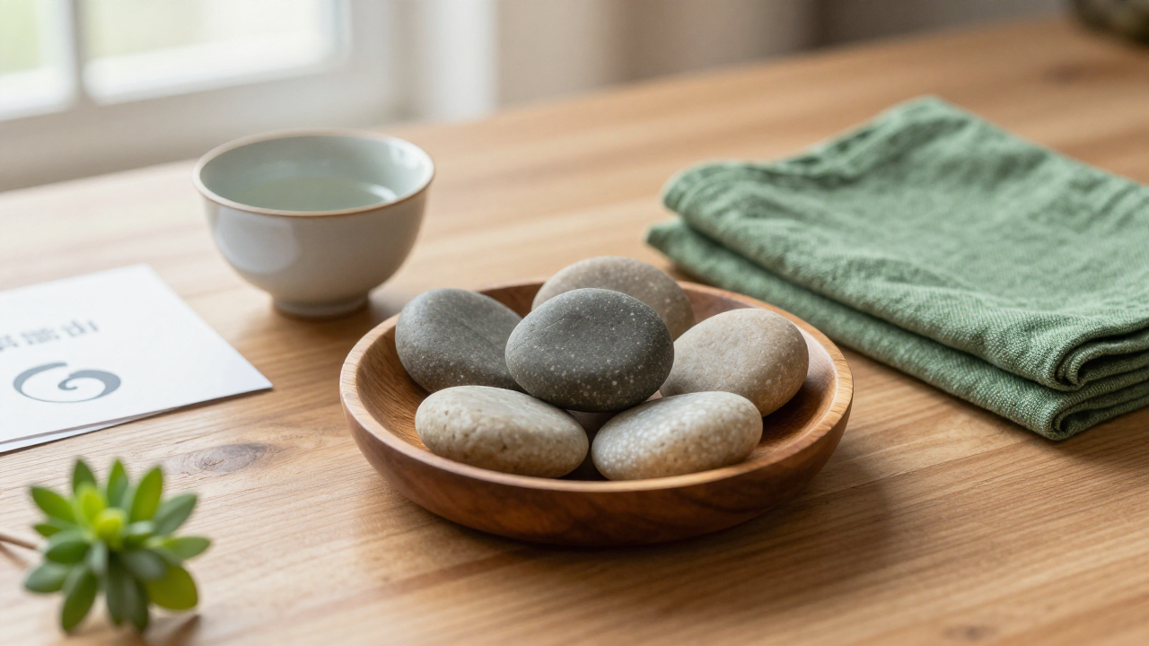 Five smooth river stones in a shallow bowl beside a ceramic cup and a small plant