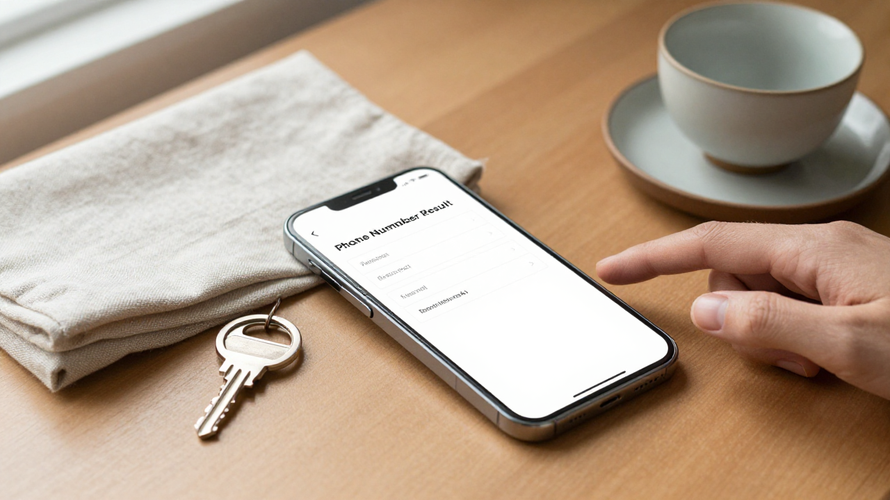 Blank smartphone beside a key ring, folded linen, and a ceramic tea cup on a quiet table
