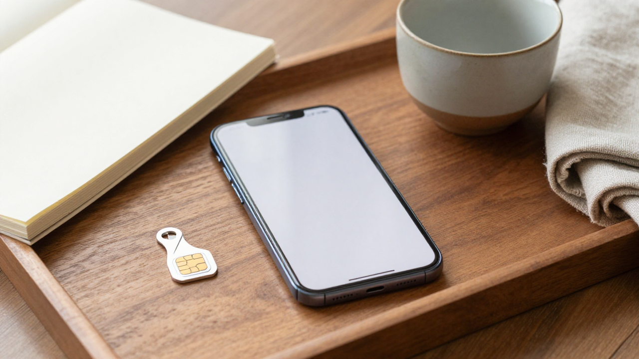 Blank smartphone on a wooden tray beside a SIM pin, notebook, and ceramic cup