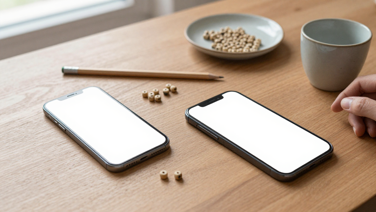 Two blank smartphones beside counting beads, a pencil, and a shallow tray