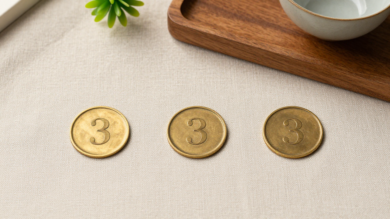 Three brass tokens spaced on linen beside a plant