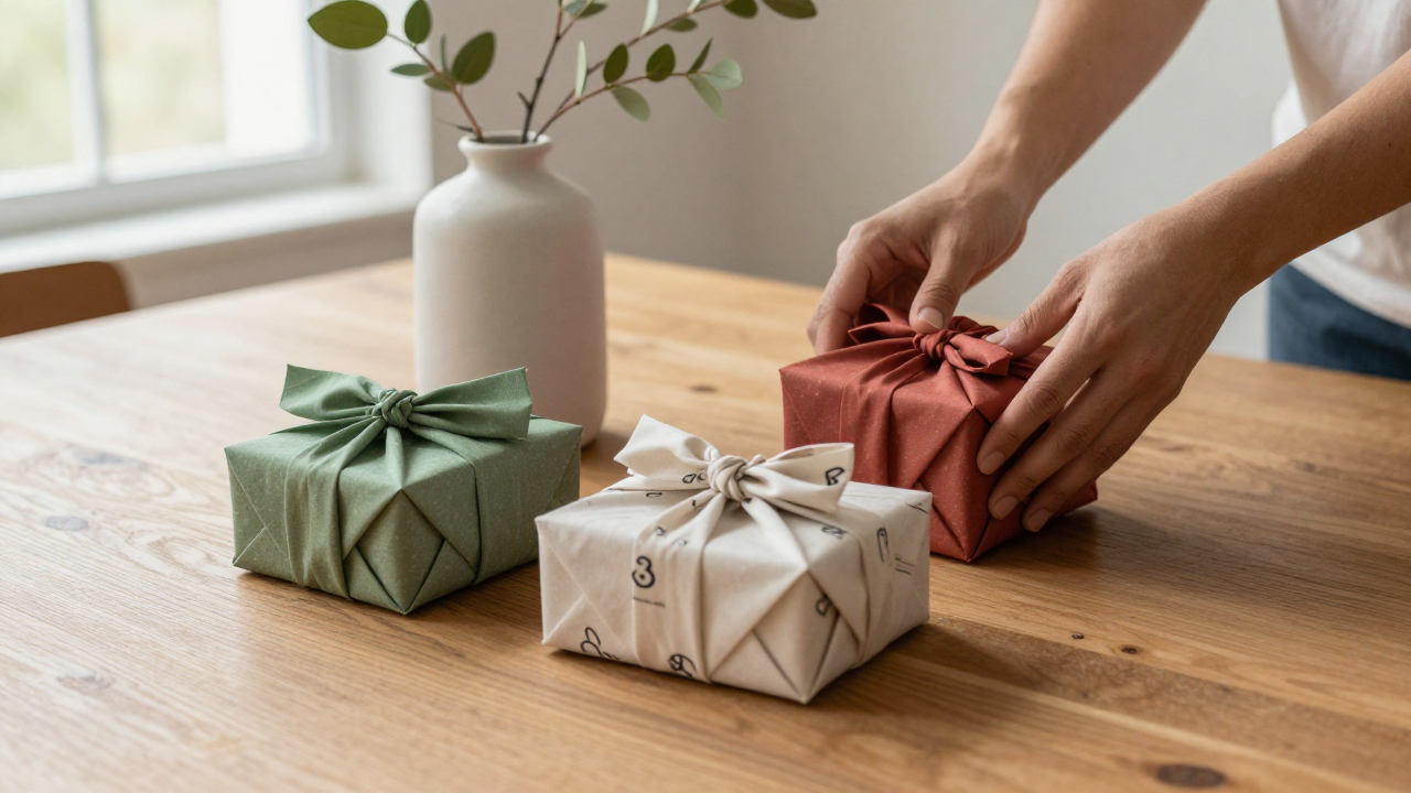 Three cloth-wrapped gifts beside a vase and leafy branch