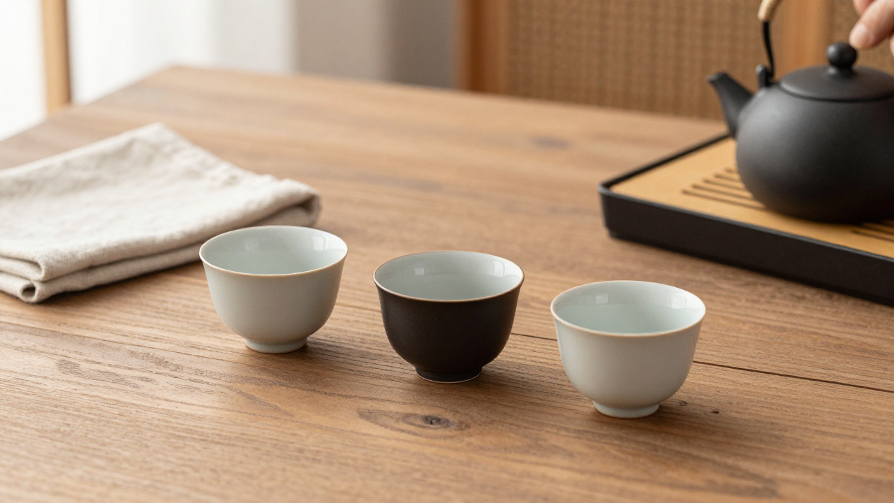 Three ceramic cups grouped on a wooden table beside a tea pot