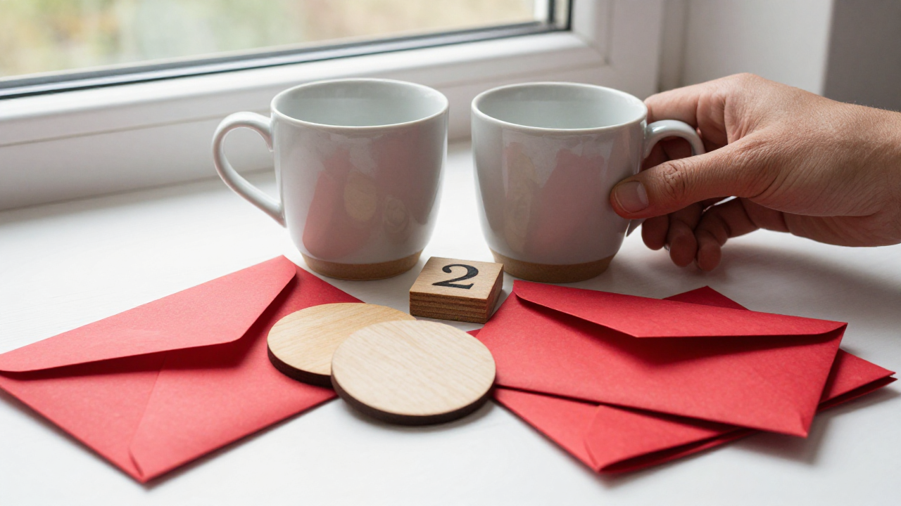 lucky number 2 meaning scene with two ceramic cups, paired red envelopes, wooden number tile