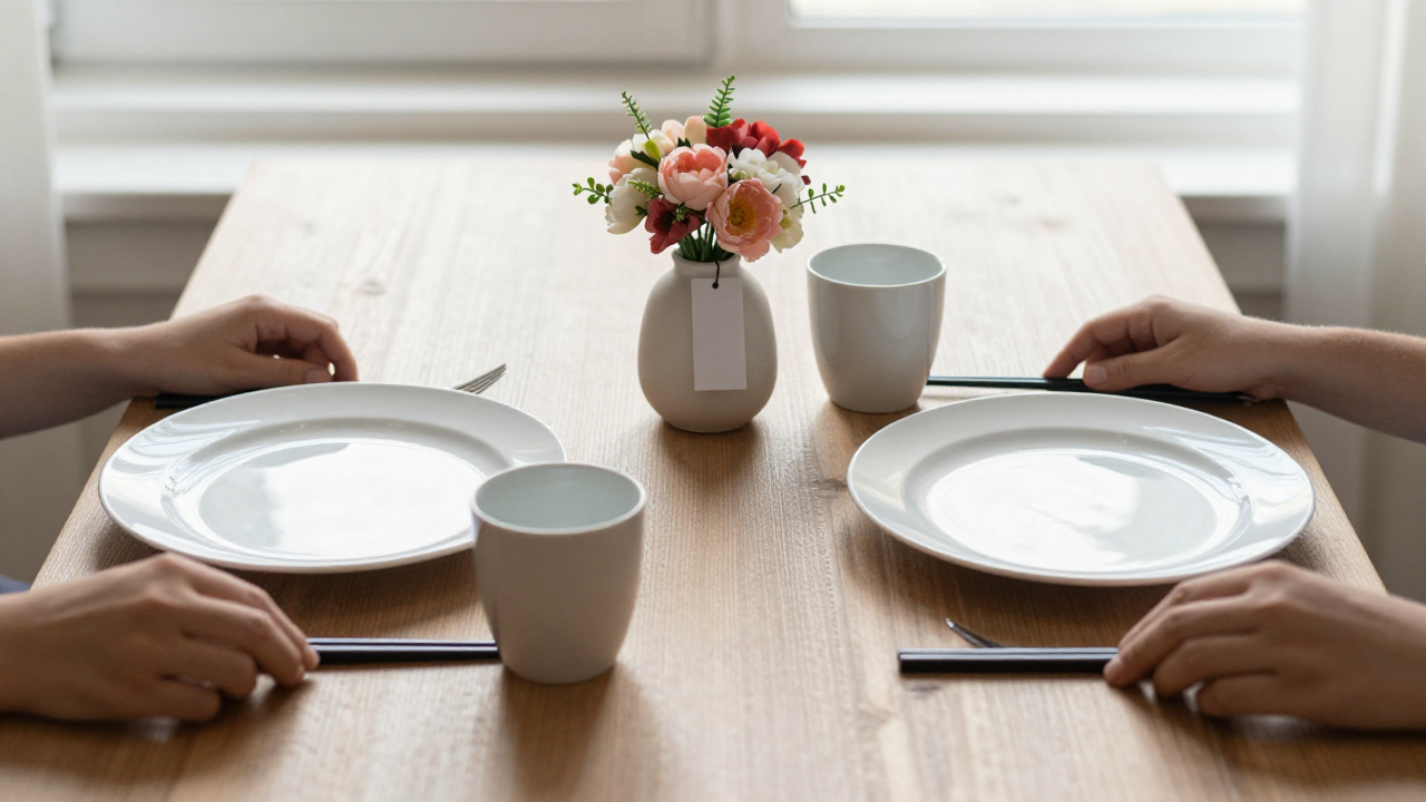 lucky number 2 meaning scene with two place settings, small vase, paper tag