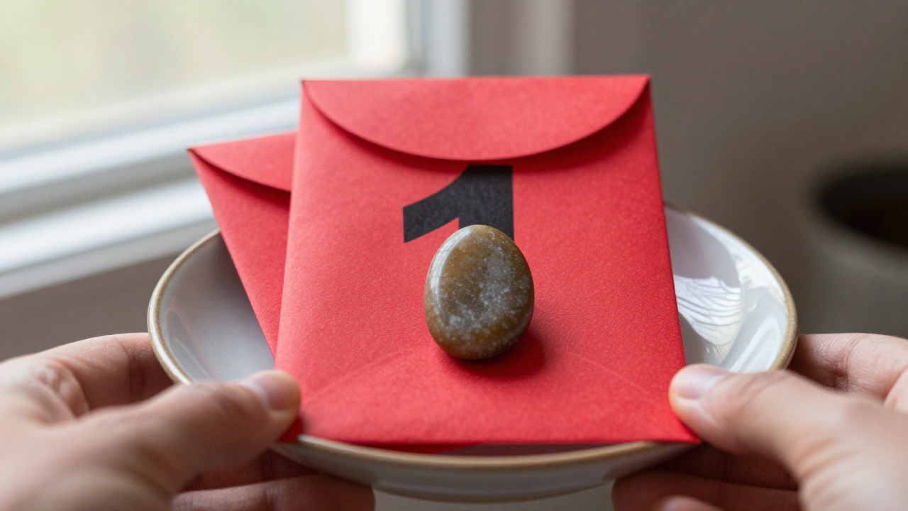 lucky number 1 meaning scene with single polished counting stone, red envelope, ceramic dish