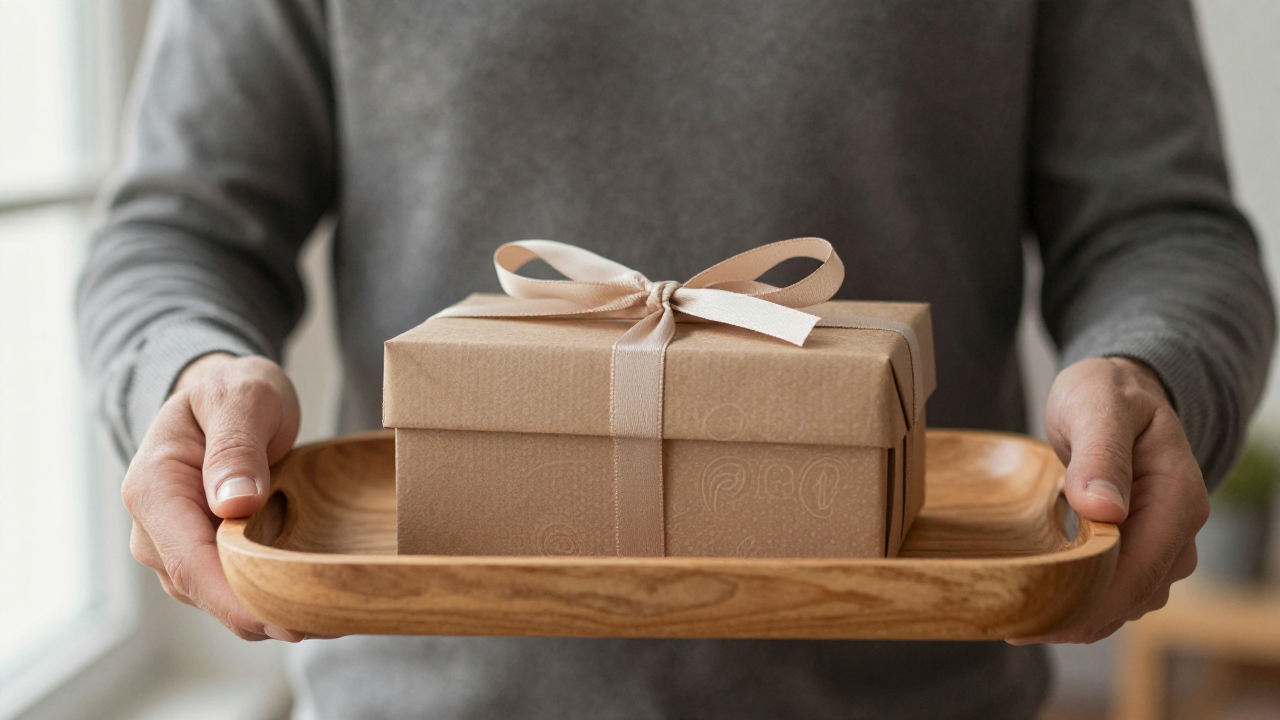 lucky number 1 meaning scene with one gift box, ribbon, wooden tray