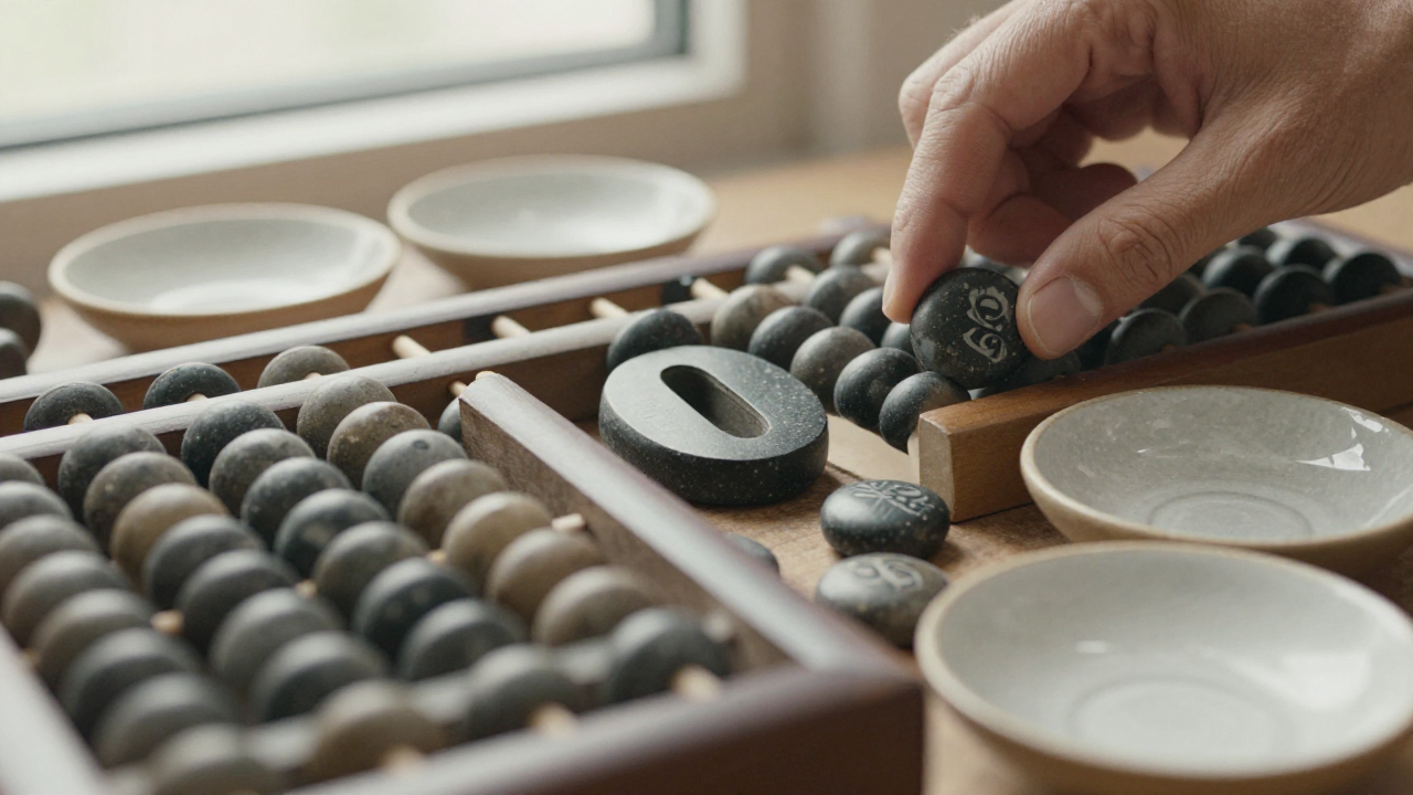 lucky number 0 meaning scene with round counting stone, abacus, ceramic dish