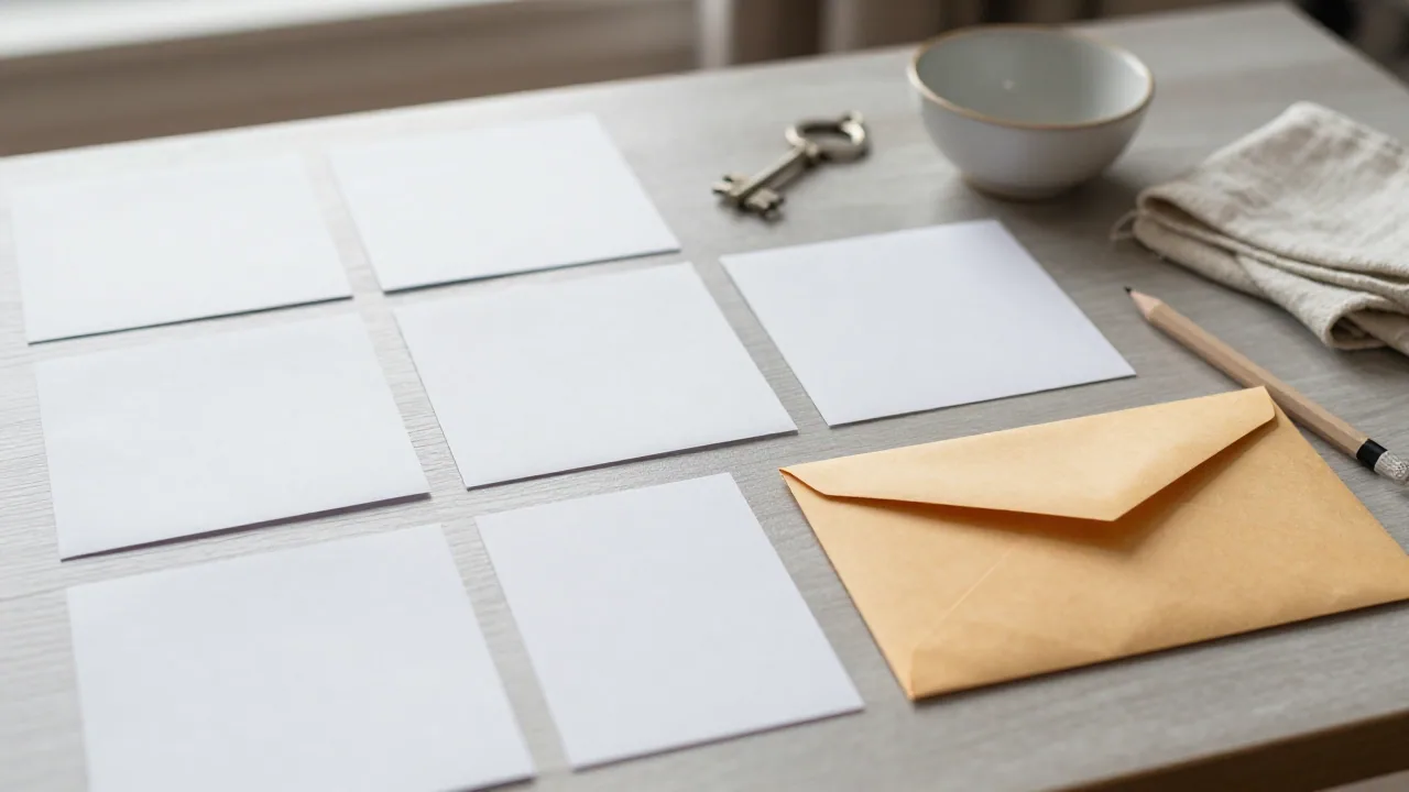 Blank cards, sealed envelope, pencil, unmarked key, ceramic bowl, and folded cloth on a tidy desk