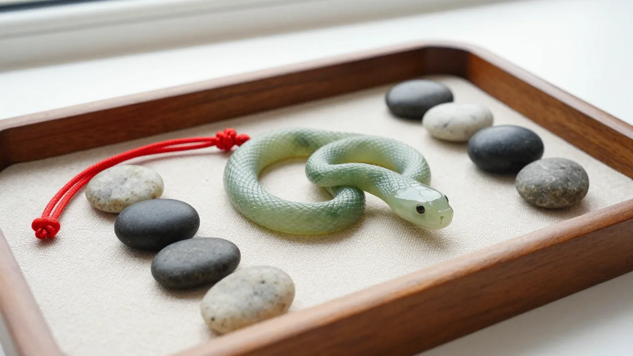 Jade snake figurine with red cord and smooth stones on linen