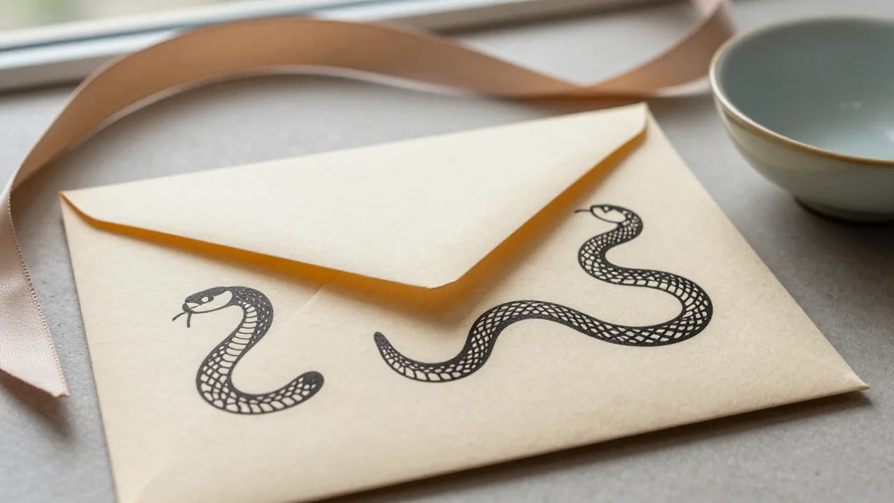 Unmarked gift envelope with snake charm, ribbon, and ceramic bowl