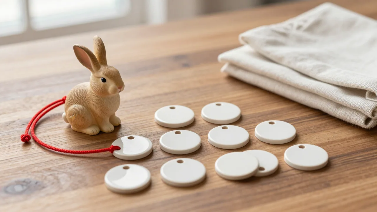 Rabbit figurine with red cord, ceramic token, and folded fabric