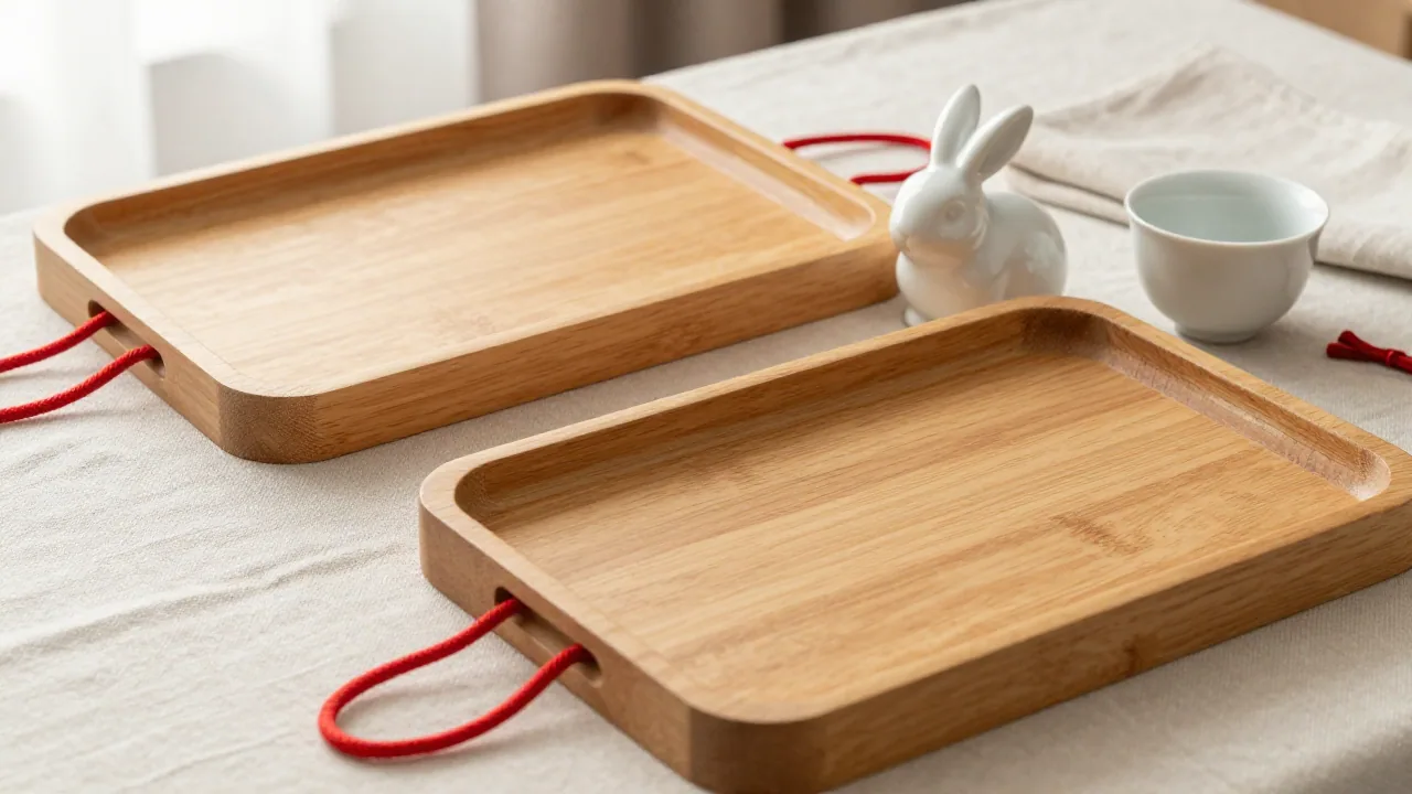 Empty trays with red cord, blank rabbit figurine, tea cup, and linen