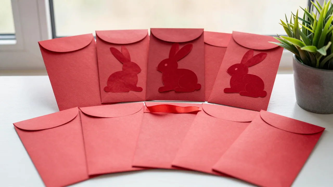 Red envelope with rabbit craft, blank ribbon, and small plant