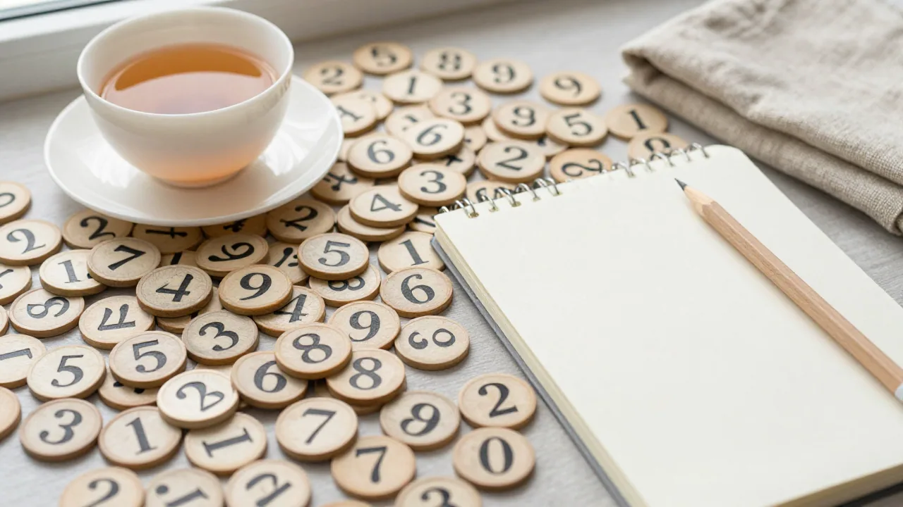 plain number tokens with tea cup, notebook, and pencil for year of the horse lucky numbers