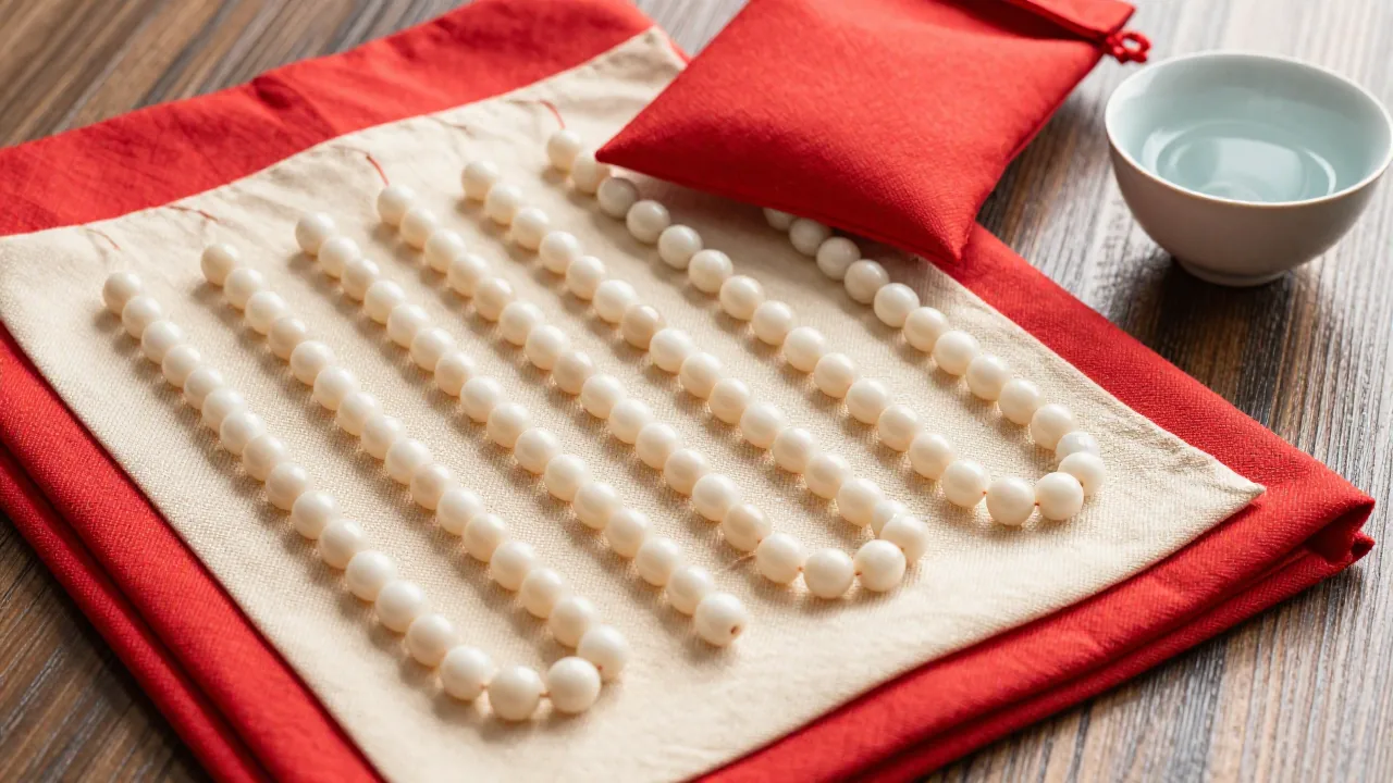 smooth unmarked beads, red pouch, folded cloth for what's my lucky numbers