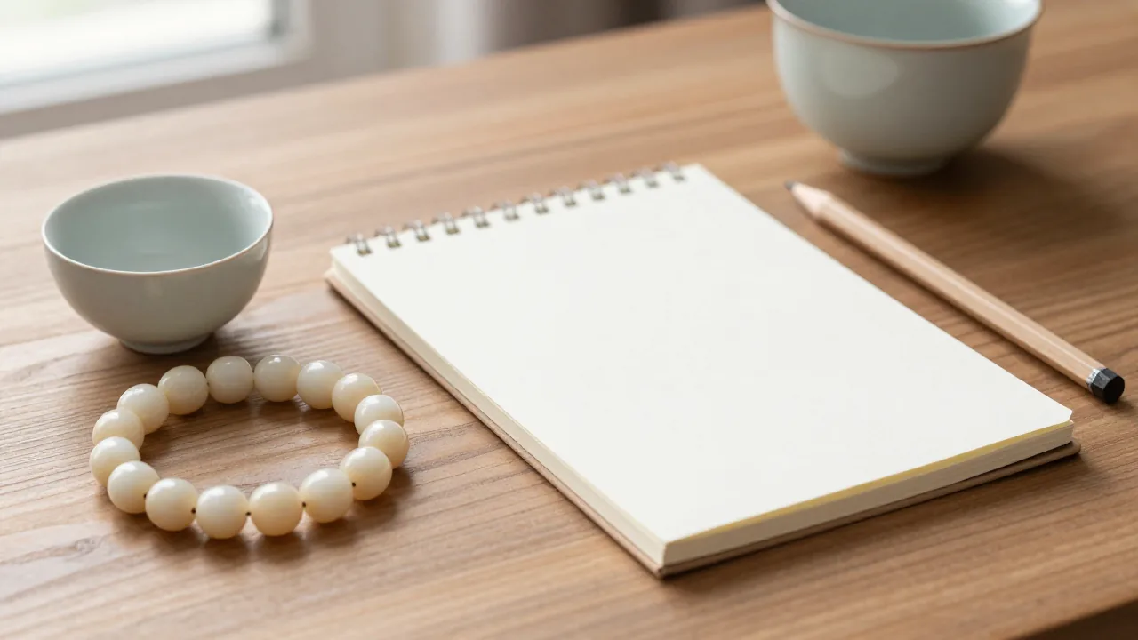 smooth unmarked beads, tea cup, notebook, and pencil for what's my lucky numbers