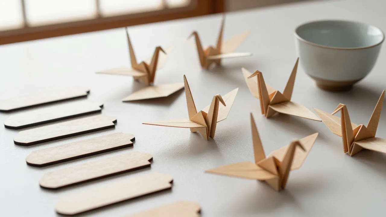 blank wooden charms, folded paper cranes, ceramic tea cup for lucky numbers japan