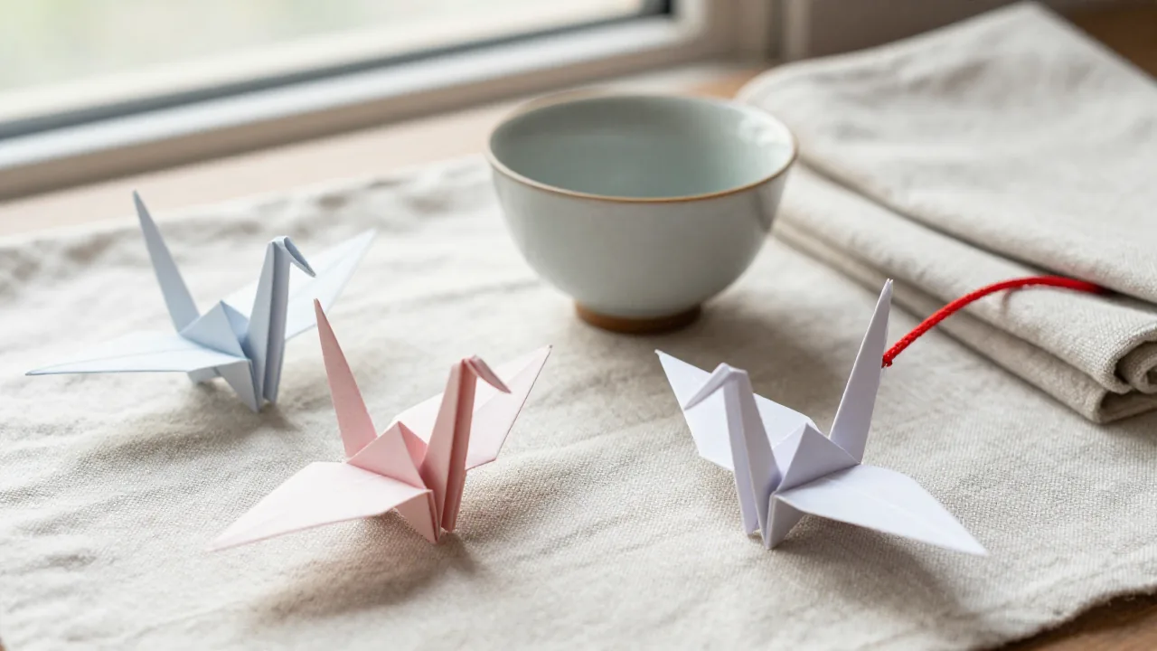 folded paper cranes, ceramic tea cup, and red cord for lucky numbers japan