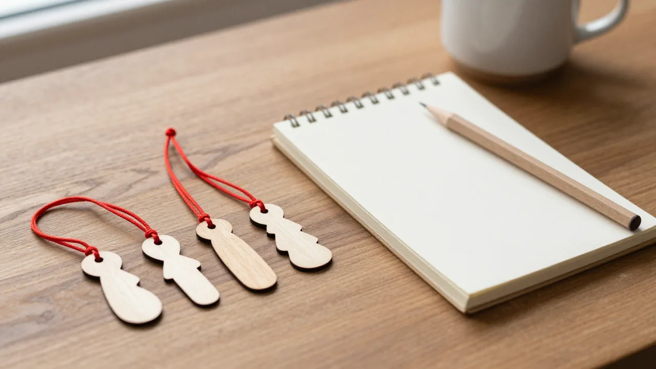 blank wooden charms, red cord, notebook, and pencil for lucky numbers japan