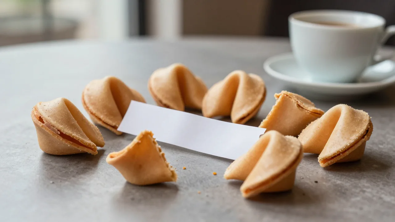 Fortune cookie pieces, blank paper strip, and tea cup for explaining lucky numbers