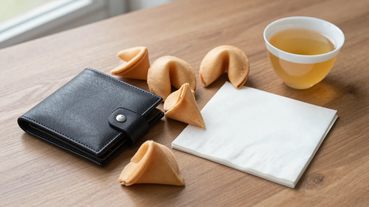 Closed wallet, fortune cookie pieces, and blank napkin for avoiding betting advice