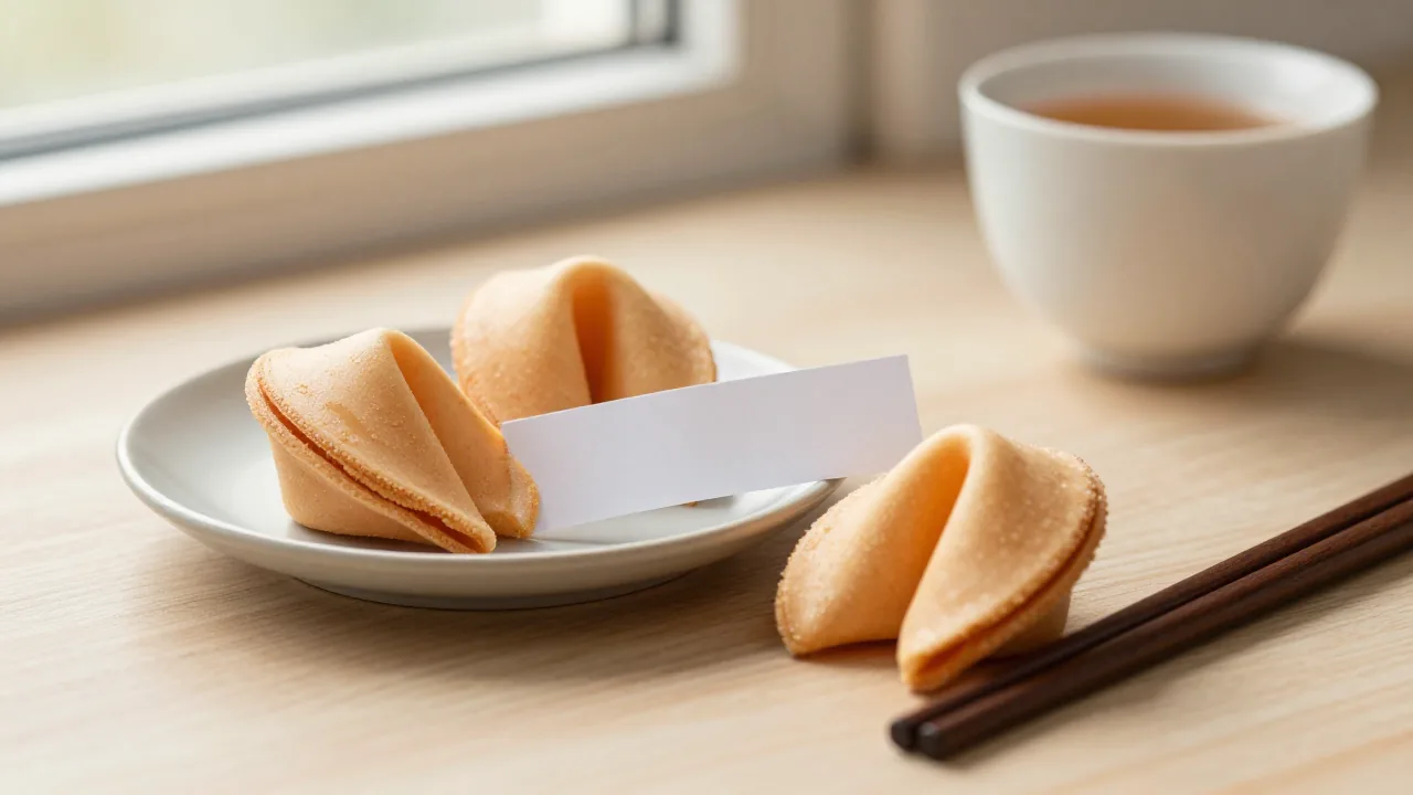 Plate, cookie halves, blank strip, and chopsticks for reading fortune-cookie context