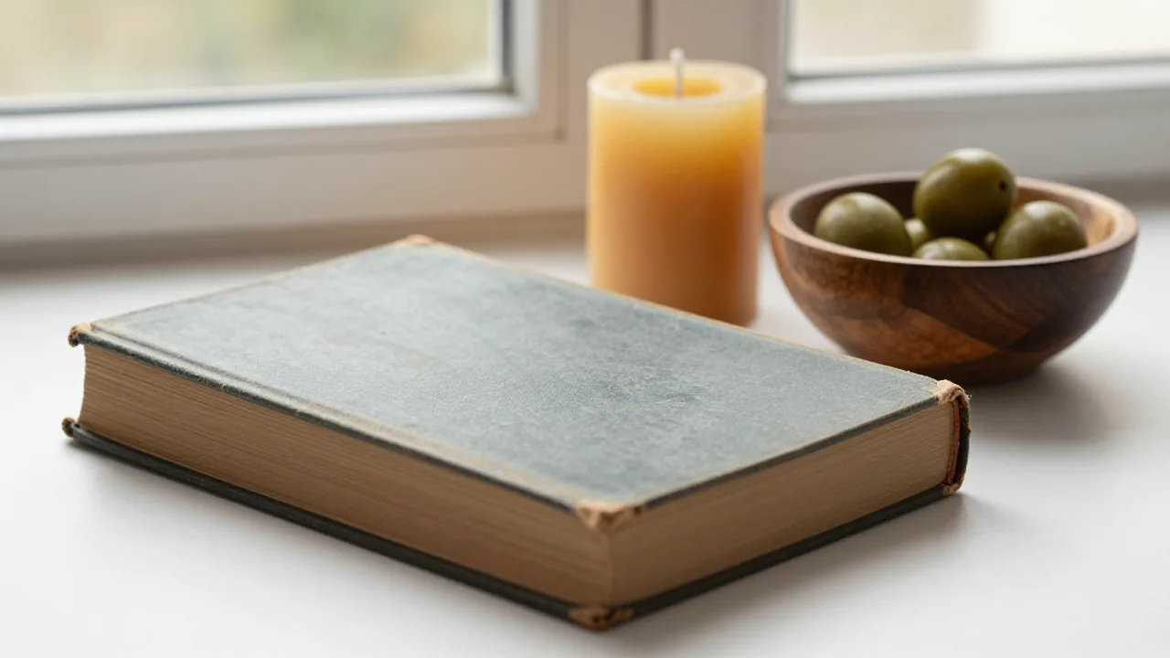 closed antique book with blank cover, beeswax candle, olive wood bowl supporting lucky numbers from the bible