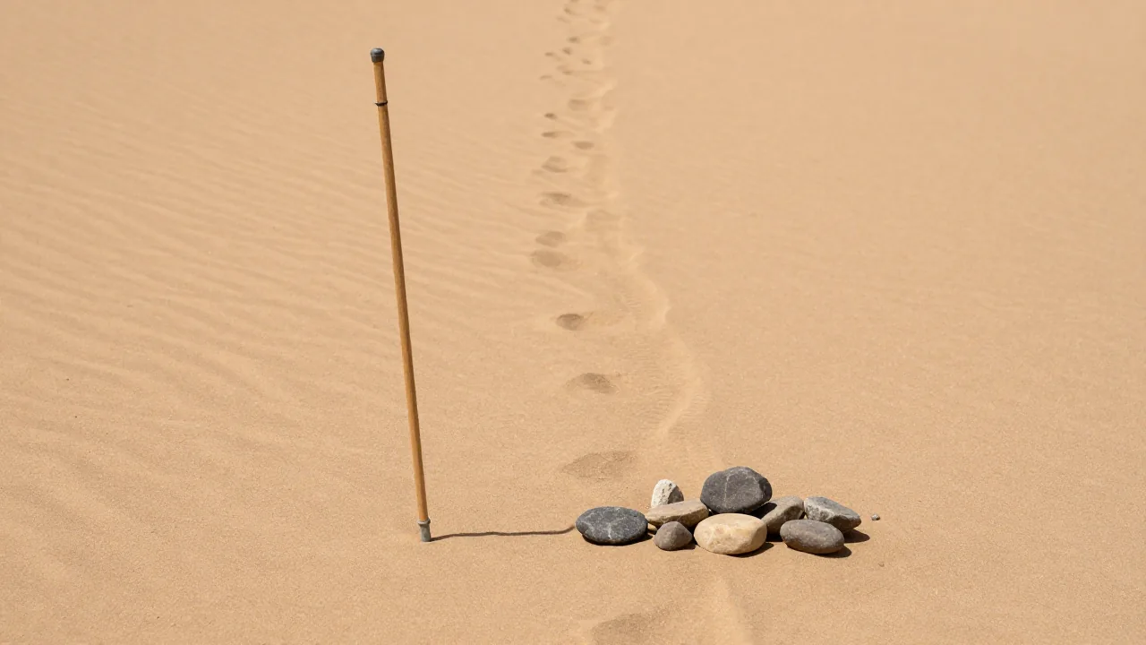 desert footpath, plain walking staff, small group of unmarked stones supporting lucky numbers from the bible