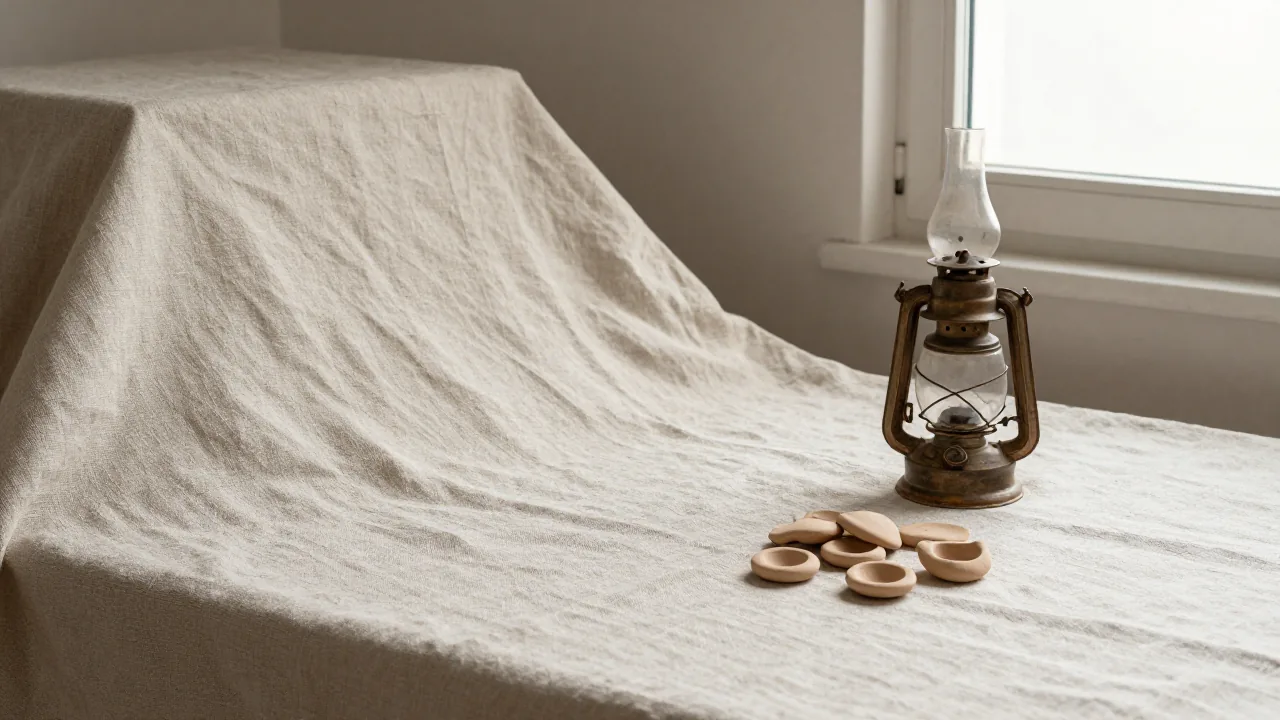 open linen cloth, small oil lamp, unmarked clay tokens supporting lucky numbers from the bible