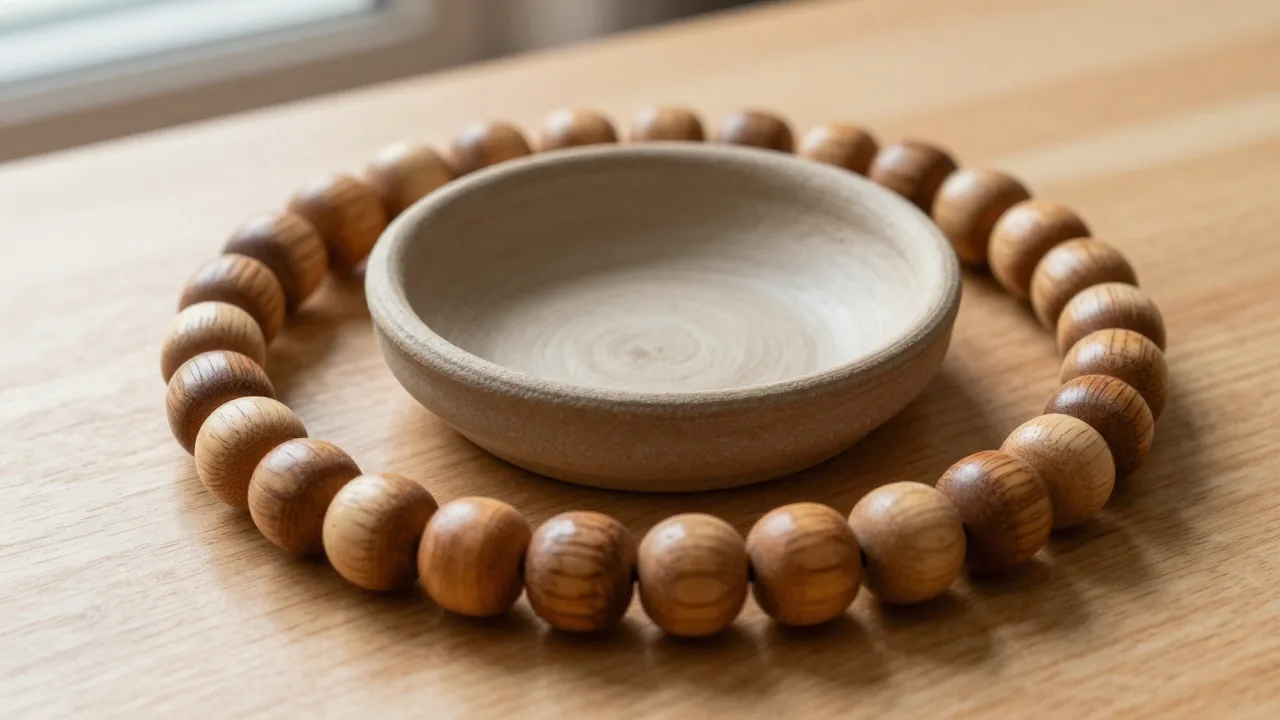 a circular strand of identical smooth unmarked wooden beads, plain clay bowl, clean wood table supporting bible lucky numbers