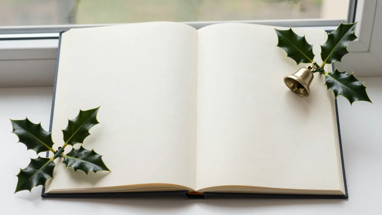 closed clothbound album with blank cover, small hand bells, sprig of holly supporting christmas lucky numbers