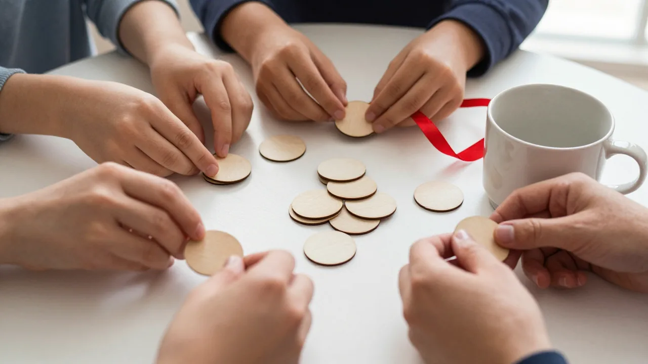 family hands arranging blank wooden tokens, gift ribbon, plain ceramic cup supporting christmas lucky numbers