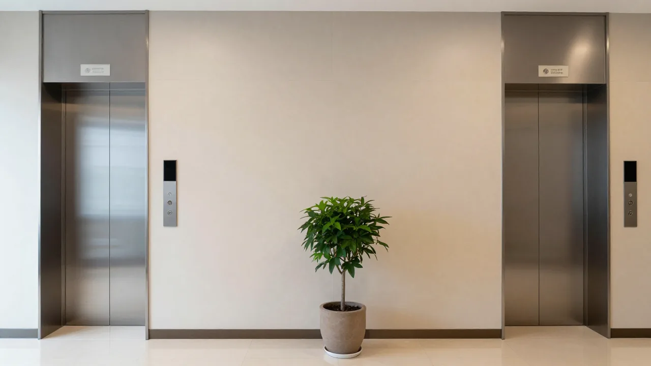 modern apartment elevator doors without displays, plain hallway, potted plant supporting lucky korean numbers