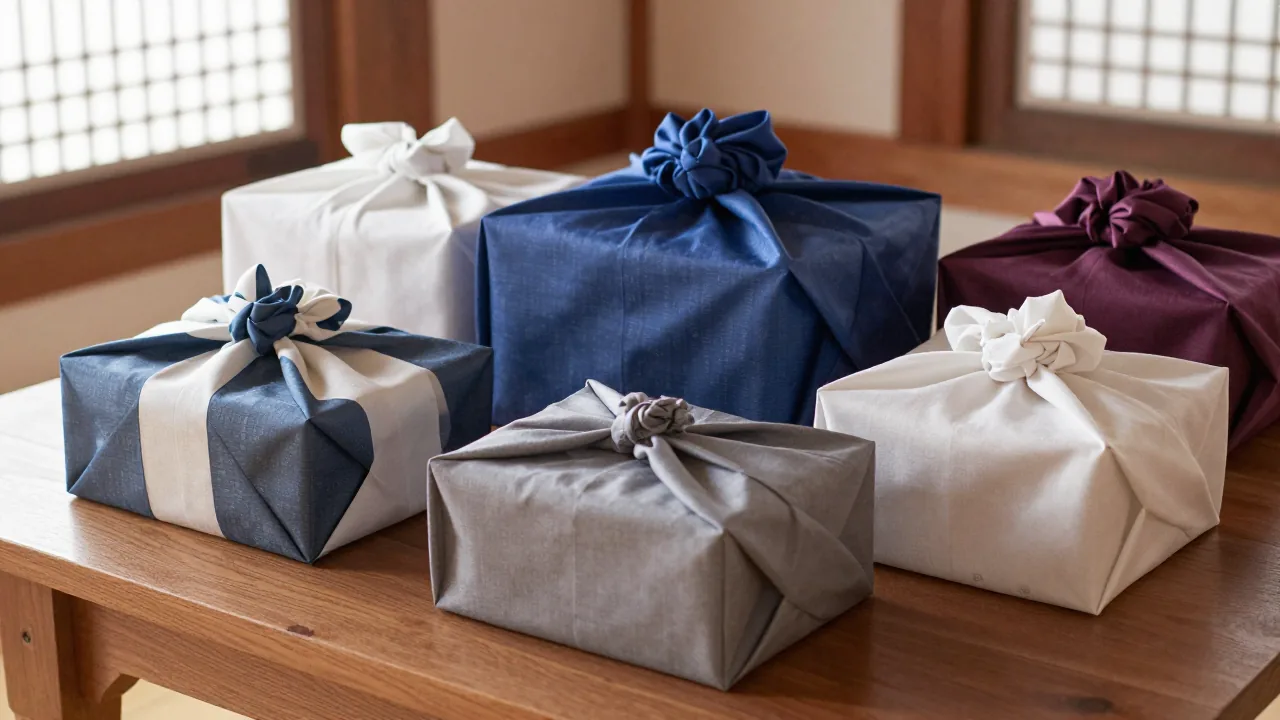 traditional wrapping cloth, unmarked gift boxes, wooden table supporting lucky korean numbers