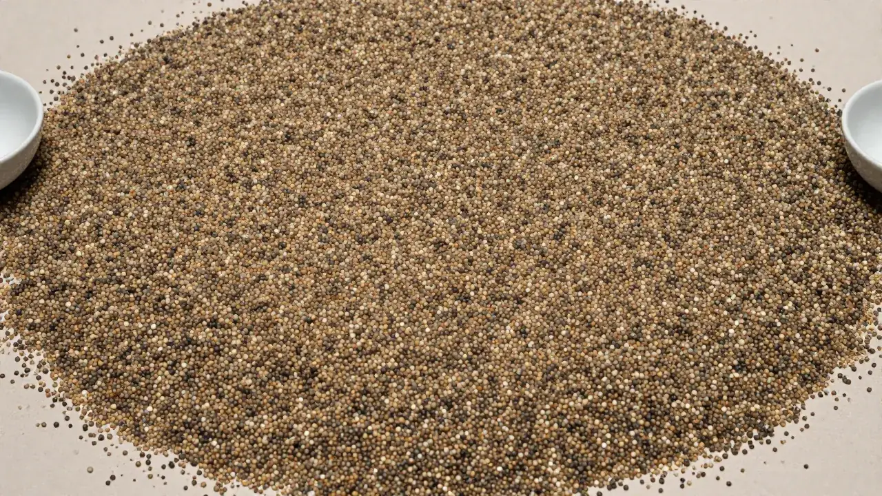 Small counting pieces spread between two plain bowls