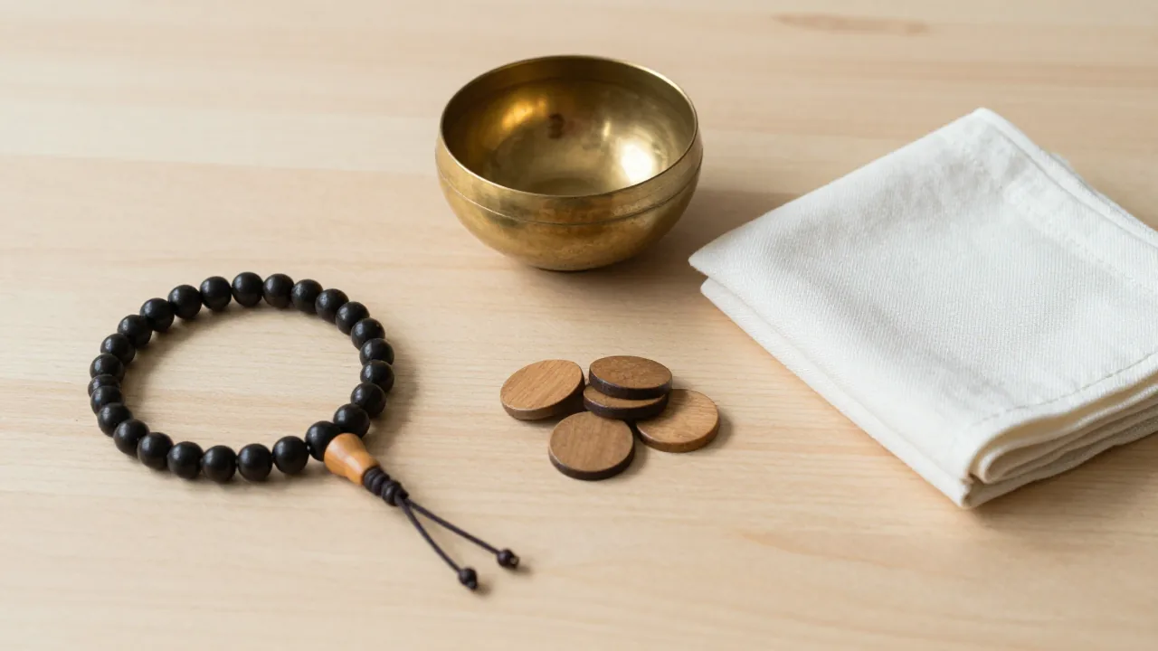 prayer beads, brass bowl, plain wooden tokens, folded unprinted cloth