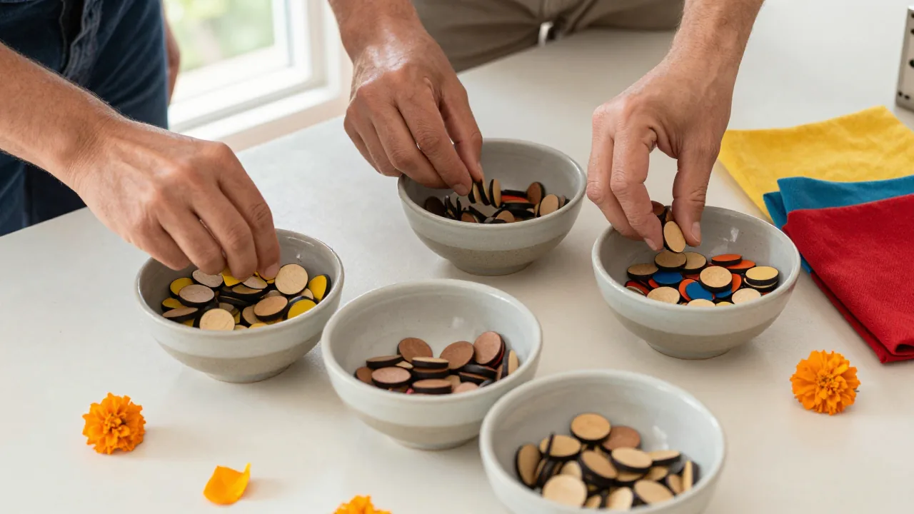 round colored wooden tokens, three unmarked ceramic bowls, two adult hands, marigold petals
